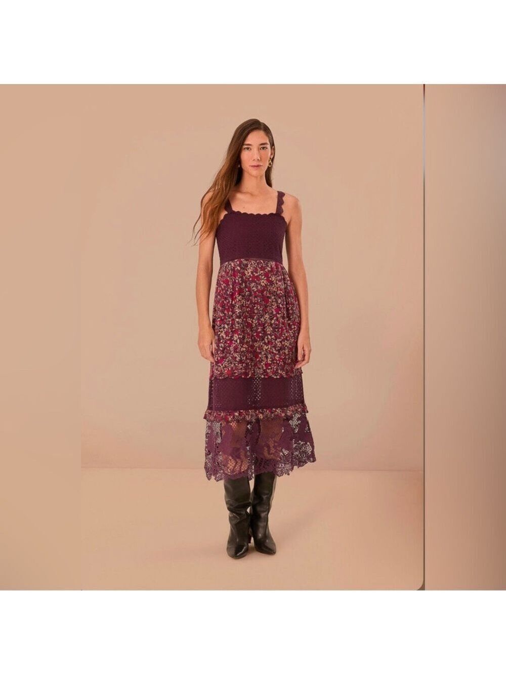 Farm Rio Purple Chelsea Garden Embroidered Lace Midi Dress